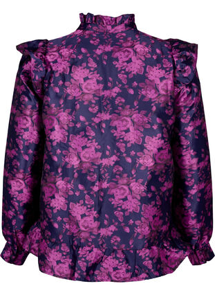 Kukkakuvioitu röyhelöpusero jakardikangasta, Dark Blue Pink, Packshot image number 1