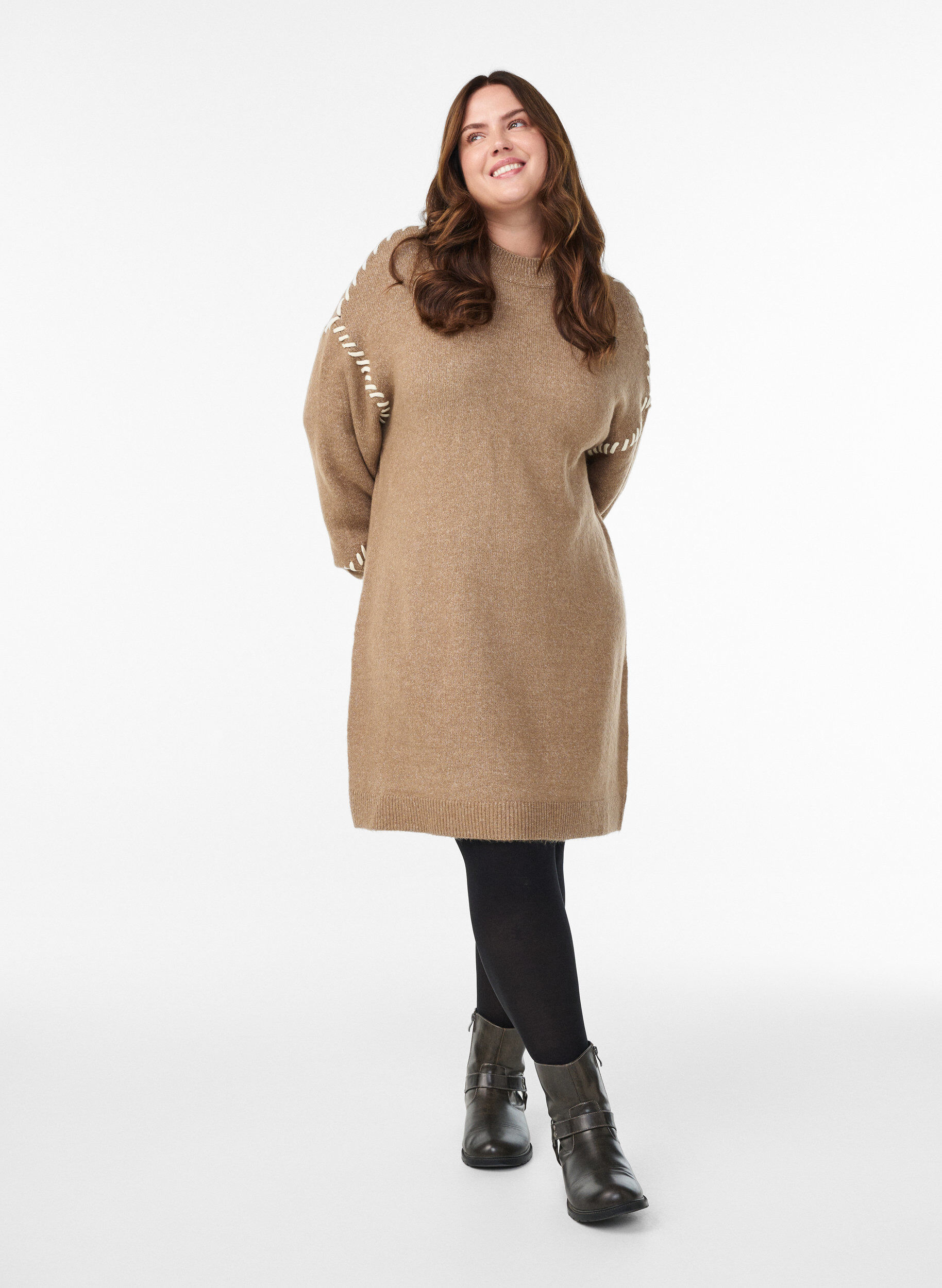 Zizzi Neulottu mekko, jossa kontrastitikkaukset, Ruskea, Model image number 1