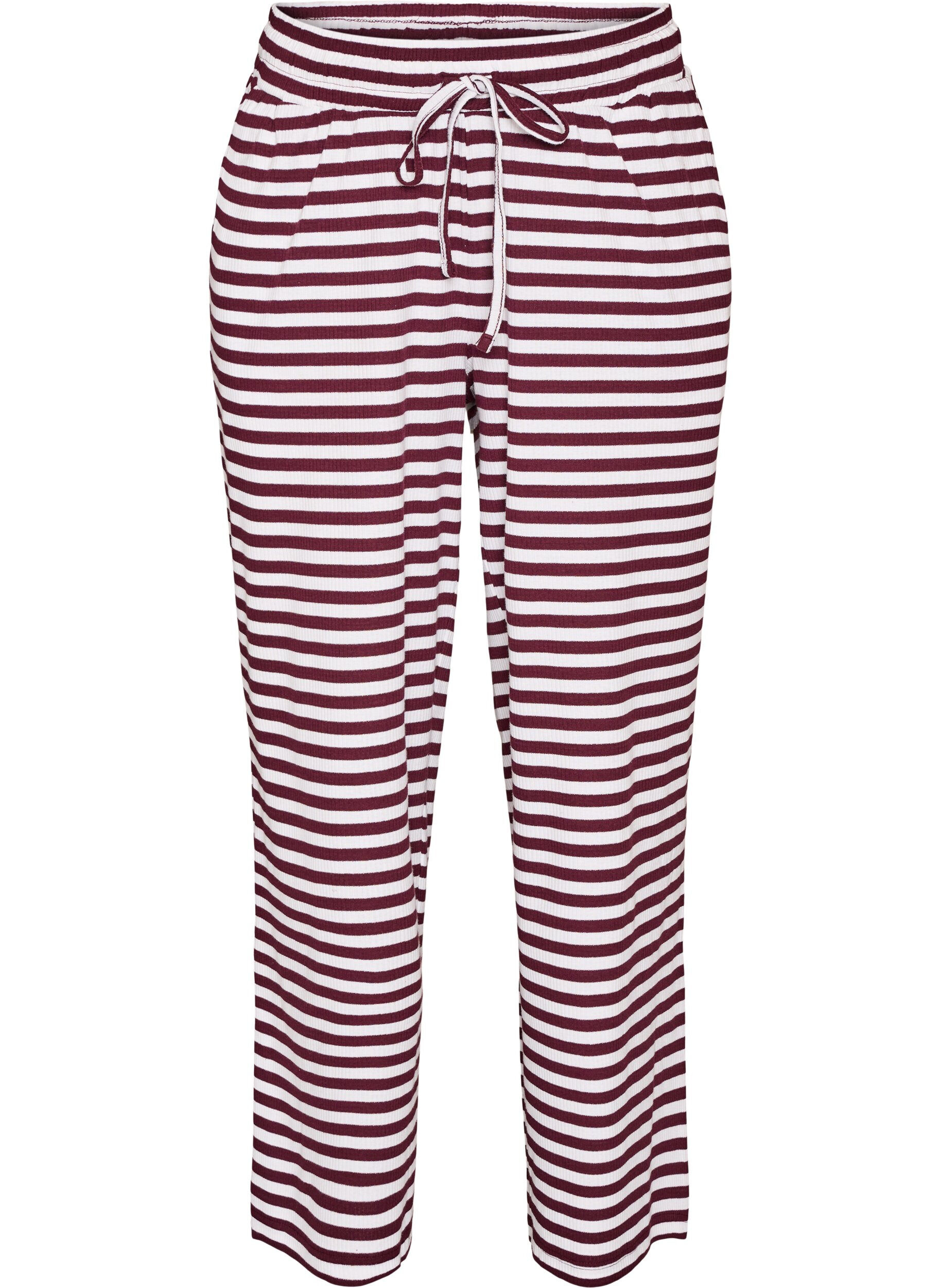 ZizziRaidalliset pyjamahousut korkealla vy&ouml;t&auml;r&ouml;ll&auml; ja leveill&auml; lahkeilla, Punainen, Packshot image number 0