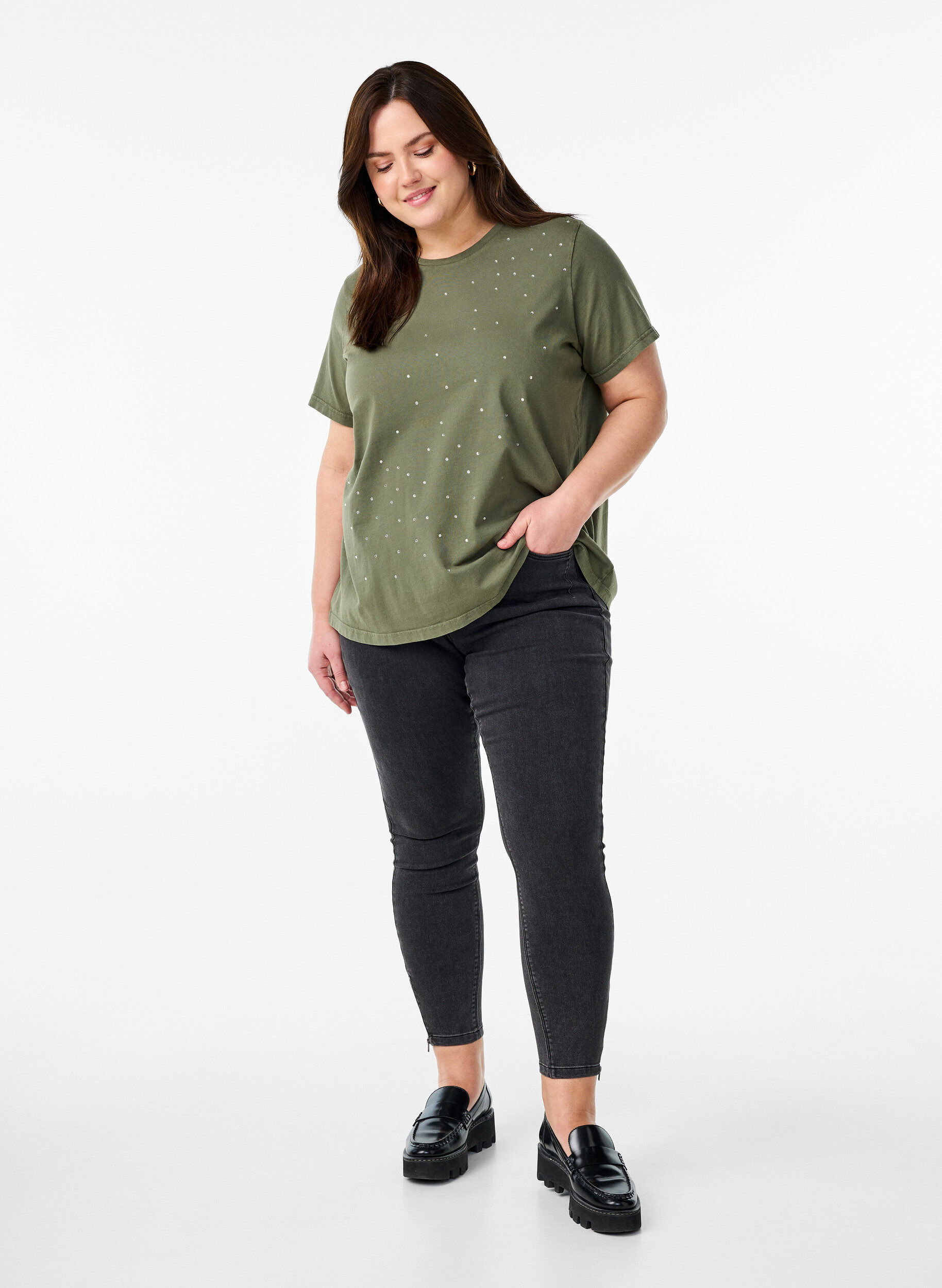 Zizzi T-paita luomupuuvillasta, jossa on siisti printti, Vihre&auml;, Model image number 1