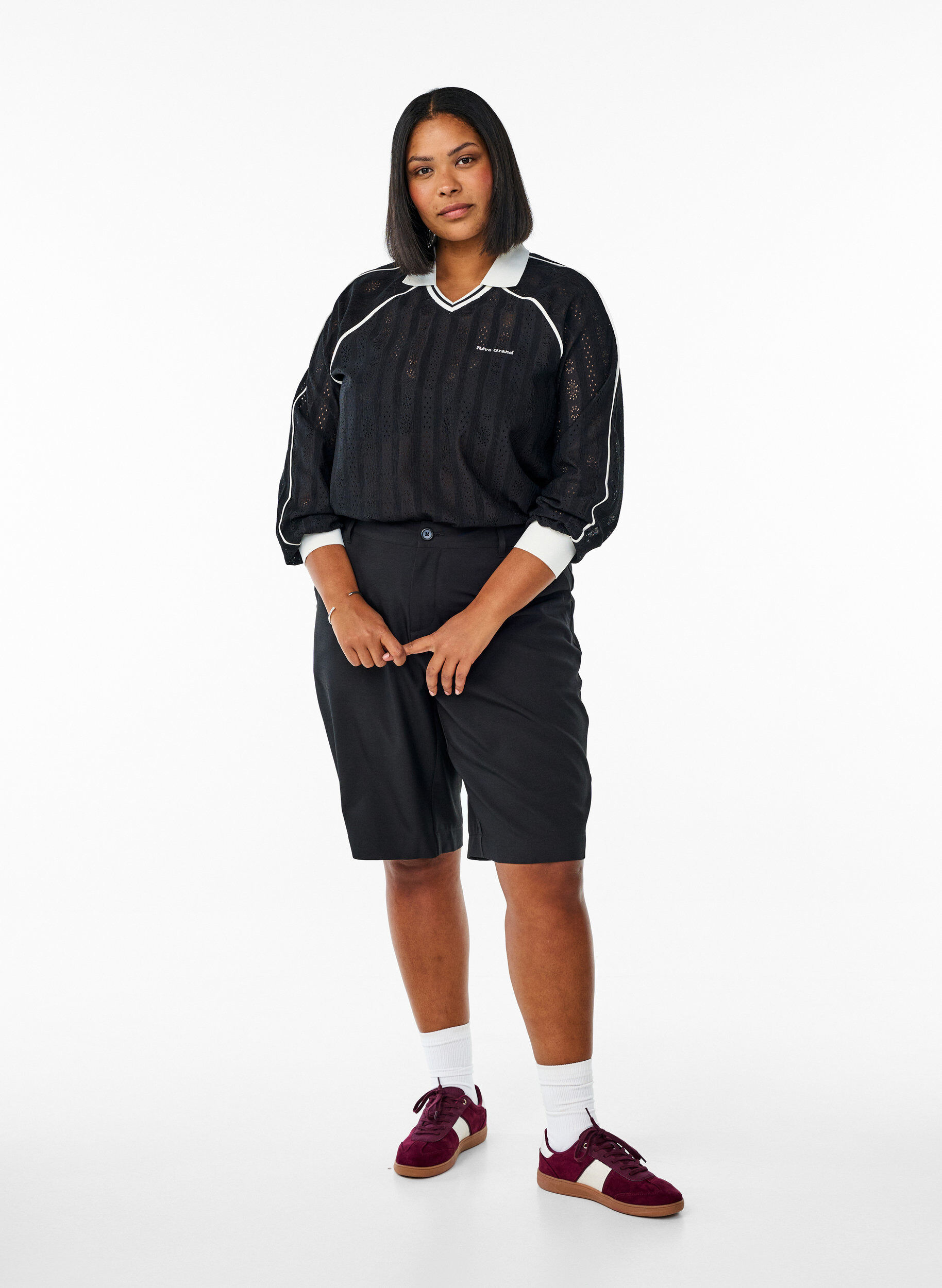 Zizzi Ribattu jersey-paita kontrastiyksityiskohdilla, Musta, Model image number 1