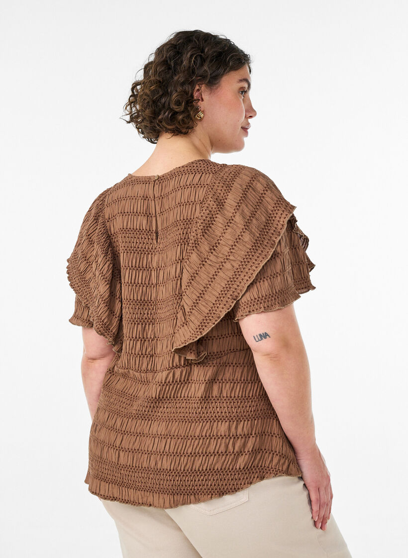 Pusero smock-tekstuurilla ja r&ouml;yhel&ouml;hihoilla, Ruskea, Model image number 2