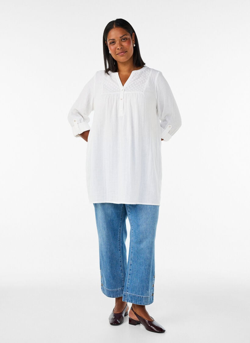 Puuvillamusliinitunika brodeeratulla pitsill&auml;, Valkoinen, Model image number 1