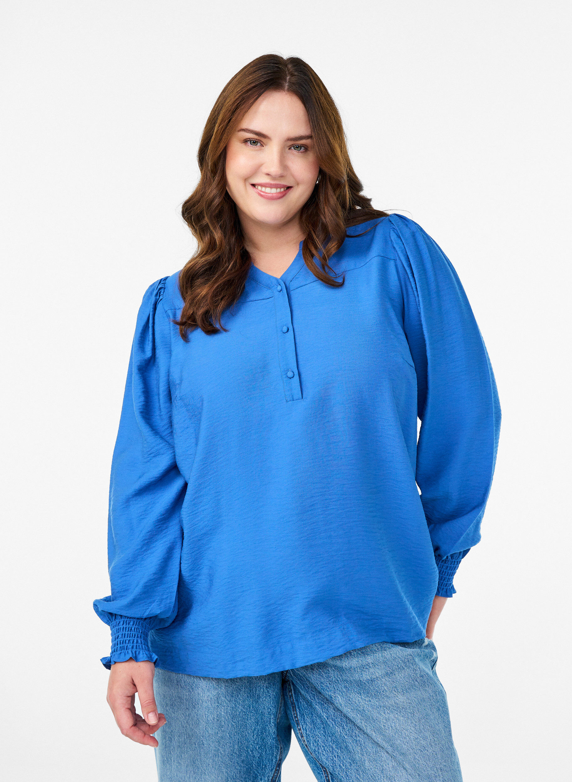 Viskoosipusero smock-yksityiskohdilla ja rypyill&auml;, Sininen, Model