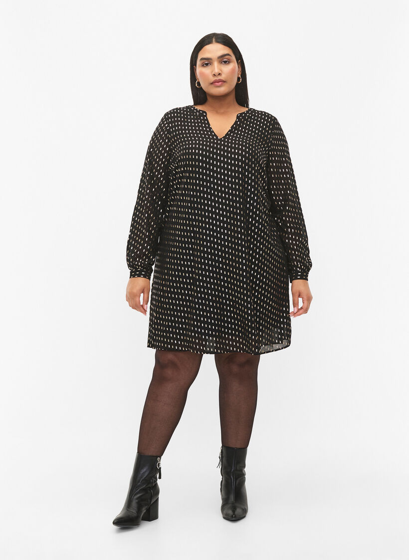 Pitkähihainen mekko, jossa on printtikuvio, Black w. Gold, Model image number 2