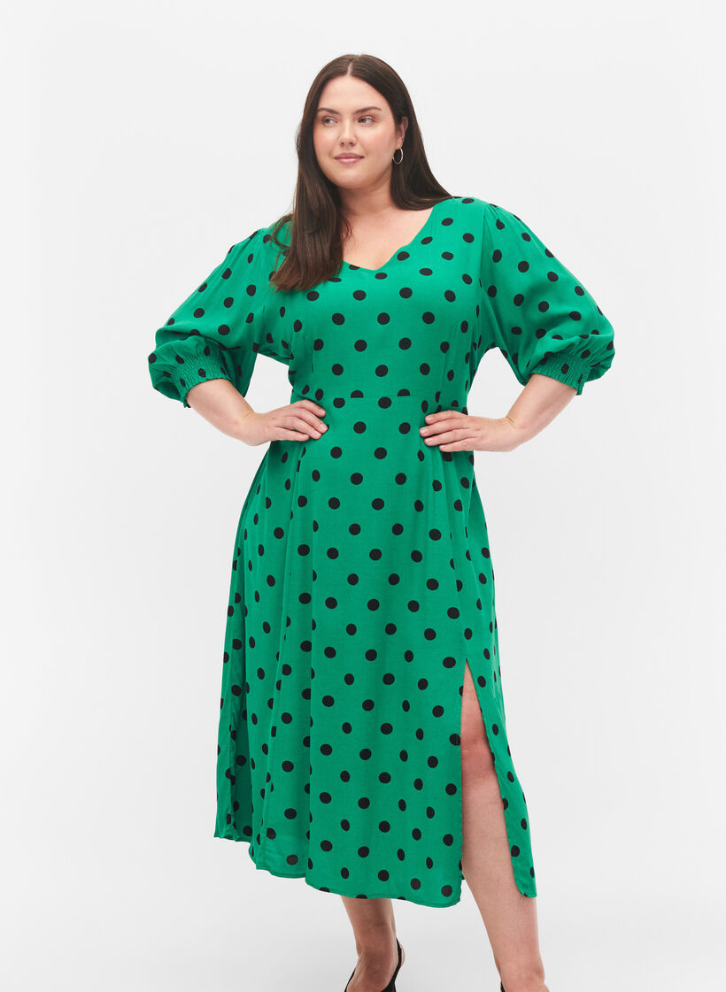 Viskoosinen midimekko pilkuilla, Jolly Green Dot AOP, Model image number 0