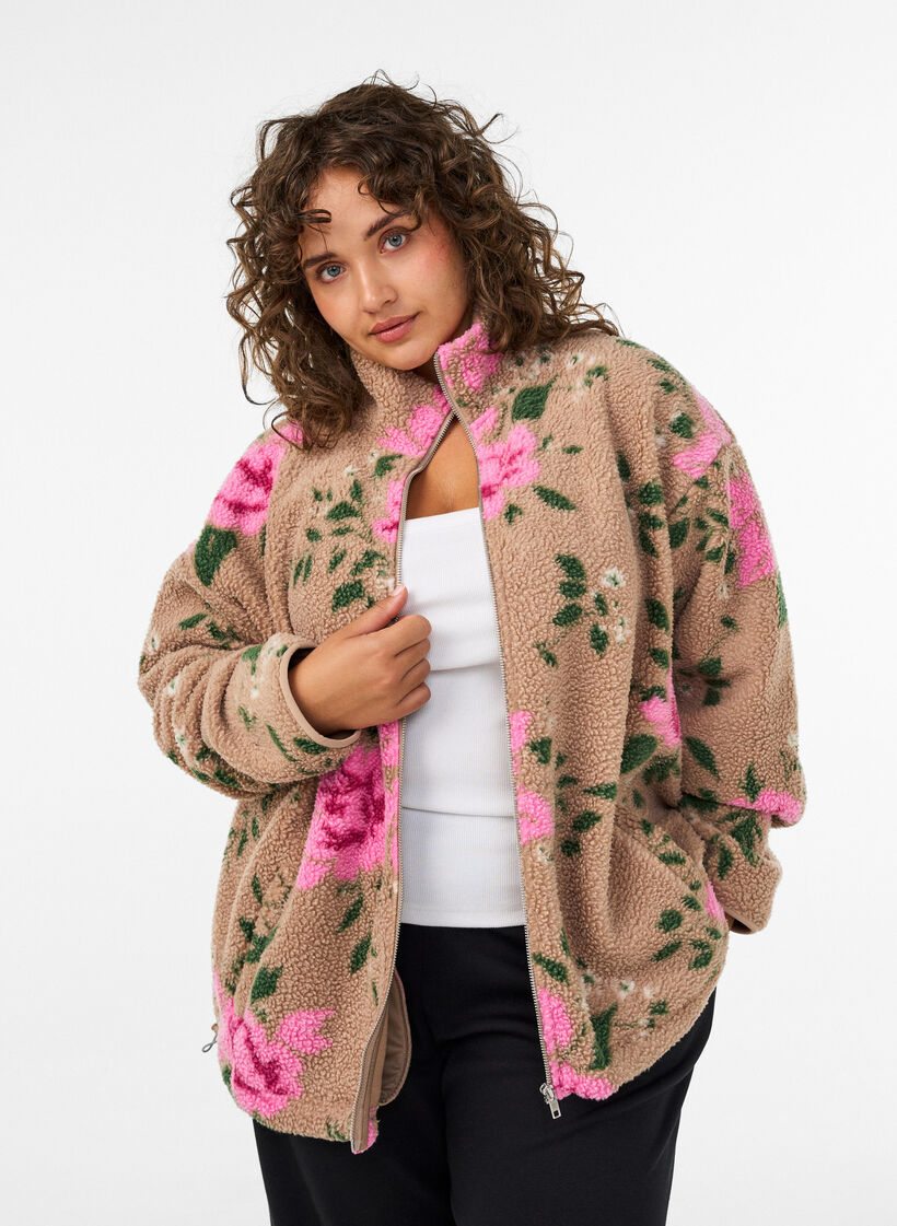 Kukkafleecetakki korkealla kauluksella ja vetoketjulla, Beige, Model image number 0
