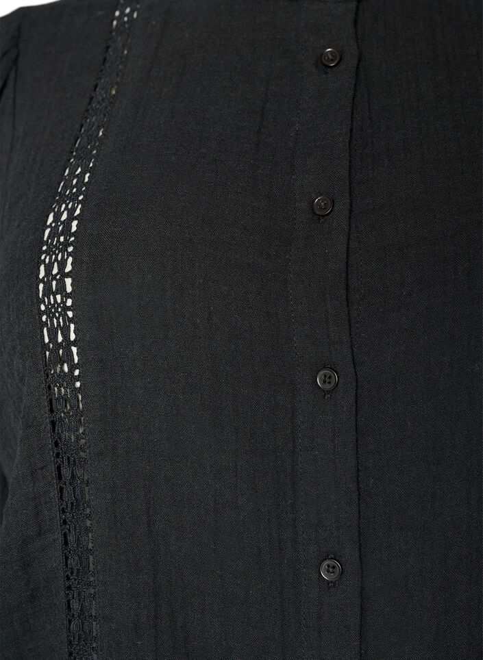 Lyhythihainen puuvillamusliinipusero virkkausreunalla, Musta, Packshot image number 2