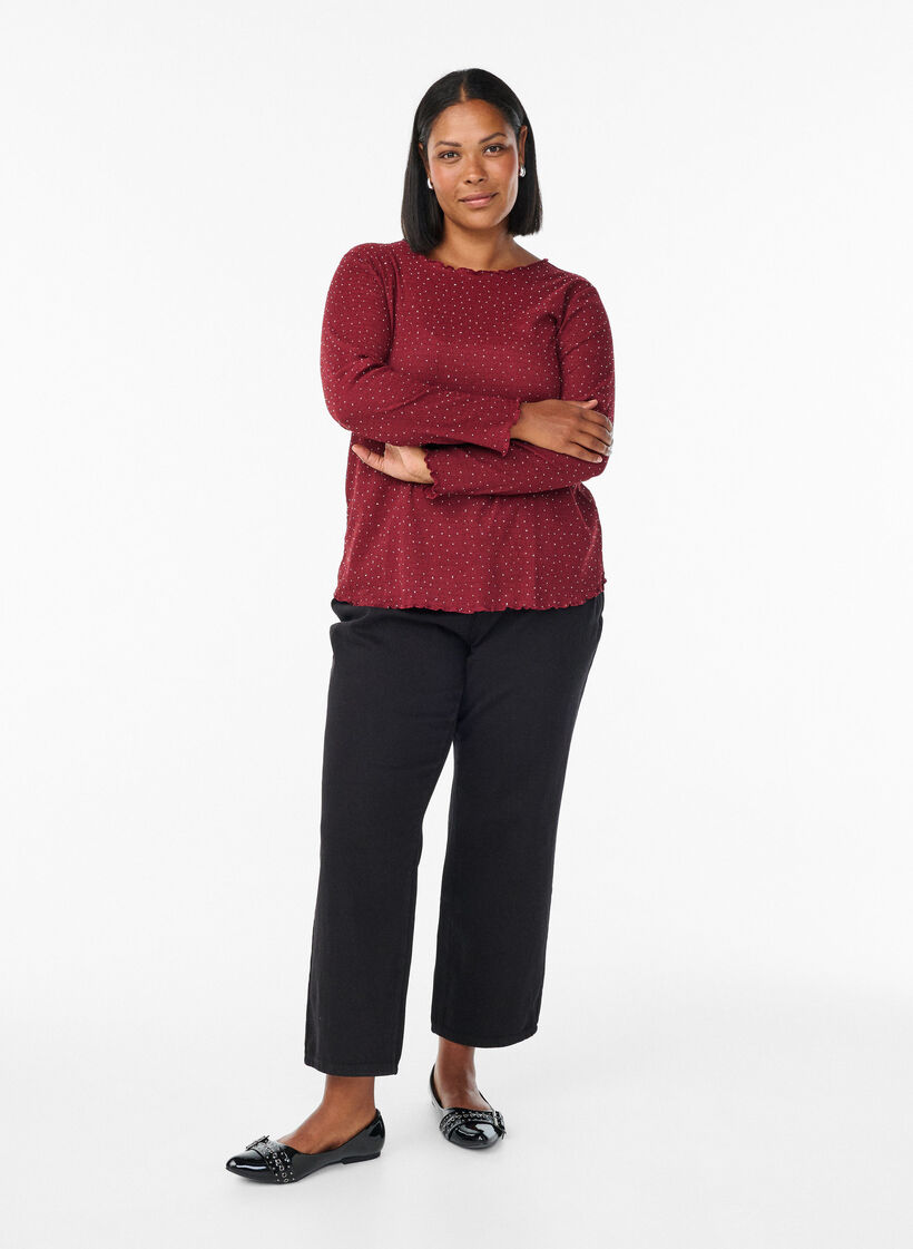 Pitkähihainen paljettipaita kristalleilla, Tumma Bordeaux, Model image number 1