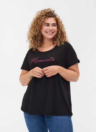 Puuvillainen a-mallinen t-paita painatuksella , Black, Model image number 0