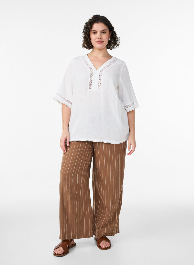 Pellava- ja viskoosipusero virkatuilla yksityiskohdilla, Valkoinen, Model image number 1