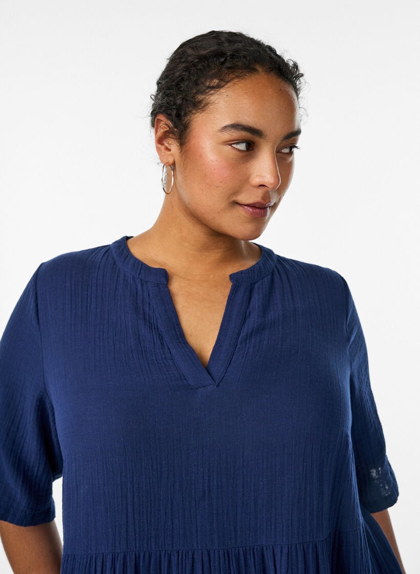 A-linjainen midimekko puuvillamusliinista, Sininen, Model image number 2