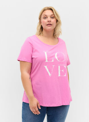 Lyhythihainen puuvillainen t-paita painatuksella, Cyclamen LOVE, Model image number 0