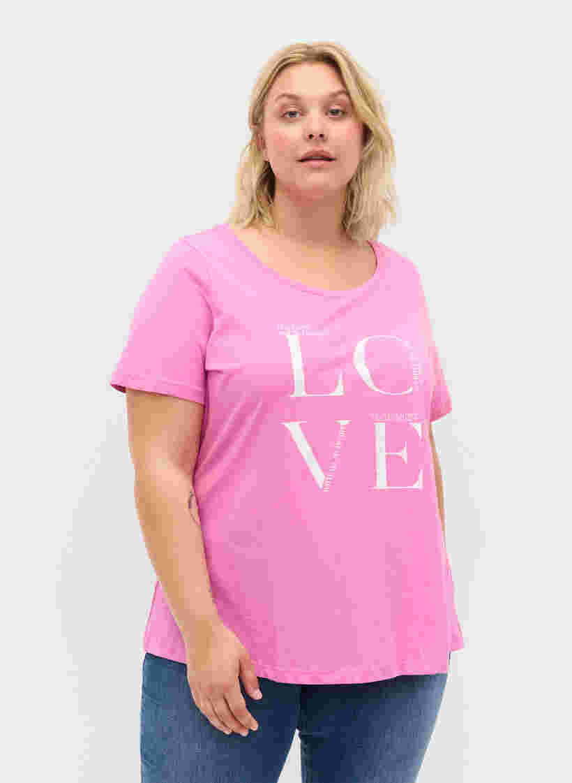 Lyhythihainen puuvillainen t-paita painatuksella, Cyclamen LOVE, Model