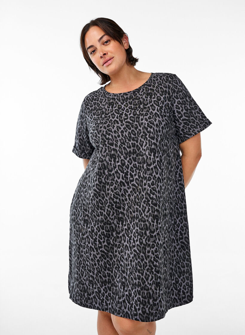 Lyhyt T-paitamekko puuvillatrikoosta, Harmaa, Model image number 0