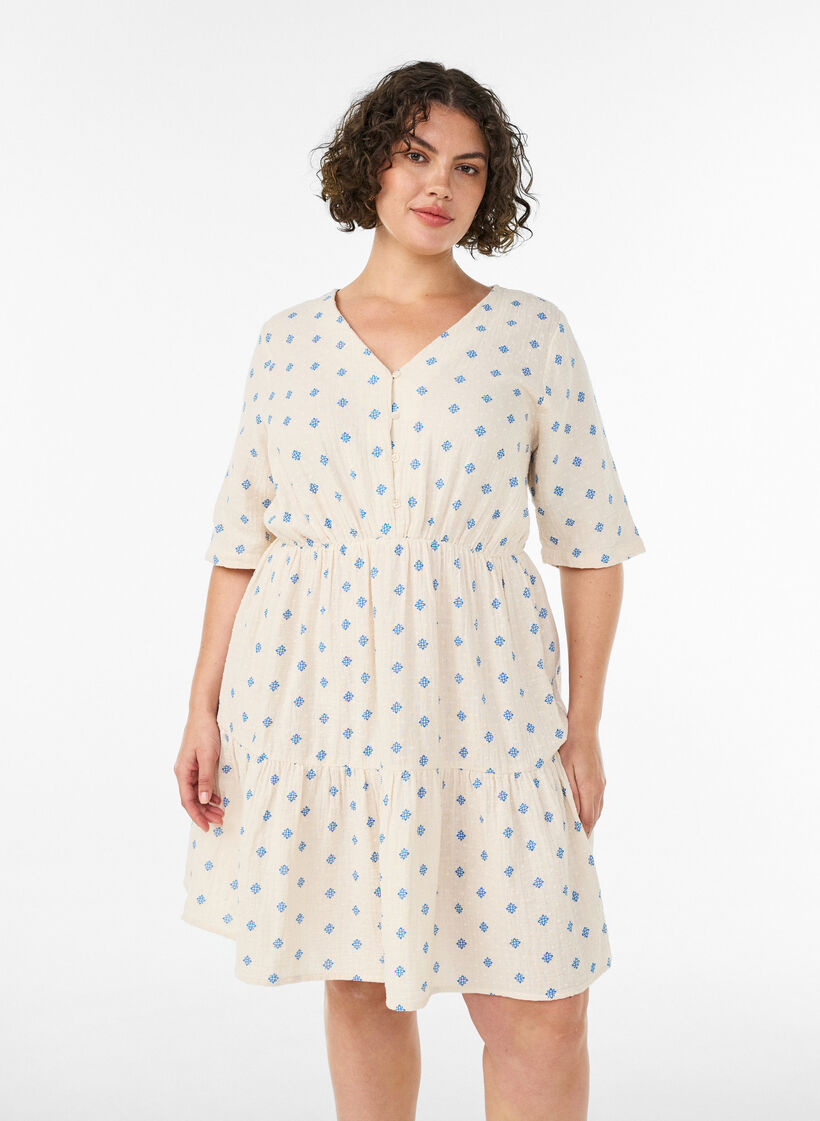 Painettu puuvillamekko joustavalla vy&ouml;t&auml;r&ouml;ll&auml;, Beige, Model image number 0