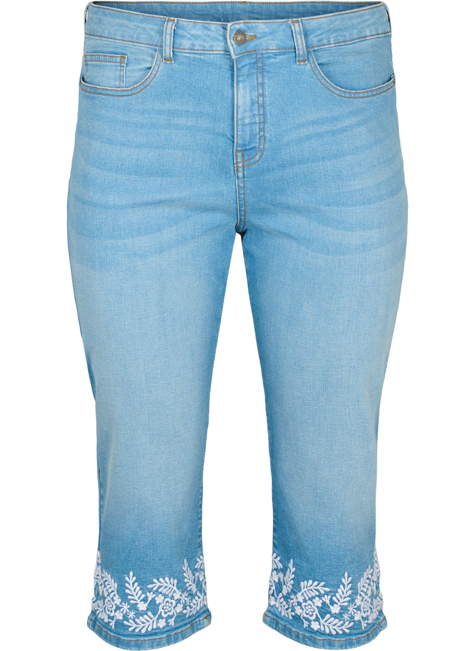 Zizzi Korkeavy&ouml;t&auml;r&ouml;iset Amy-caprit brodeerauksella, Light blue denim, Packshot image number 0