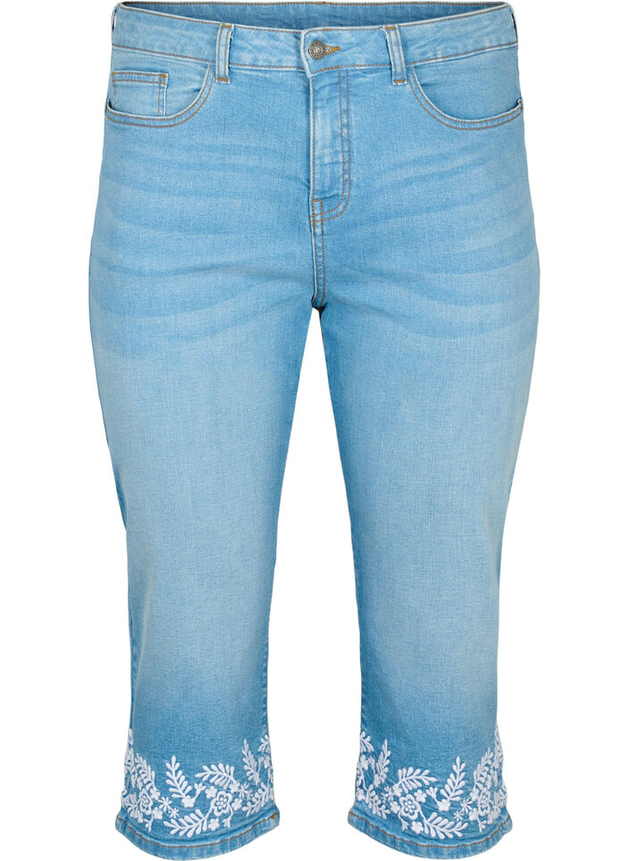 Korkeavyötäröiset Amy-caprit brodeerauksella, Light blue denim, Packshot image number 0