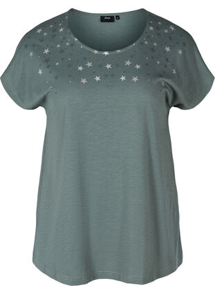 Lyhythihainen t-paita puuvillasta tähtiprintillä, Balsam Green STARS, Packshot image number 0