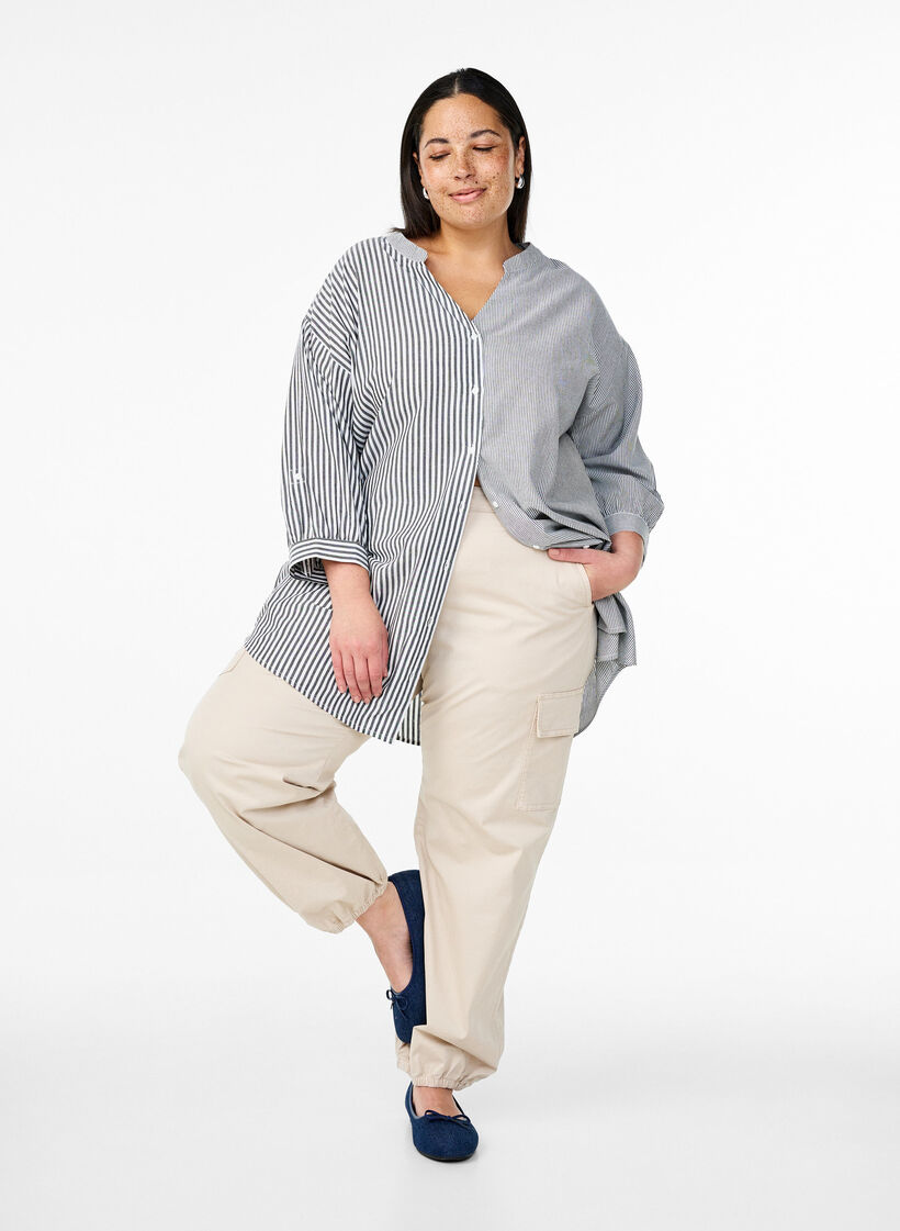 Raidallinen tunika, ¾-mittaiset hihat, Musta, Model image number 1