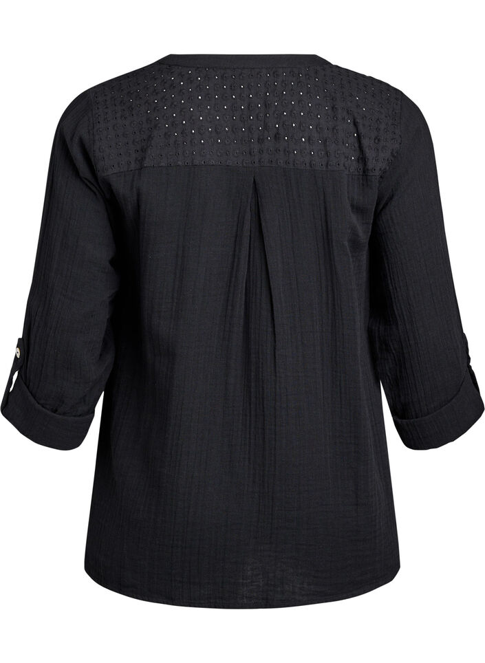 Paita puuvillamusliinissa, jossa broderie anglaise -kirjailu, Musta, Packshot image number 1