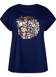 Orgaanisesta puuvillasta valmistettu T-paita kultaisella painatuksella, Med.Blue Gold Flower