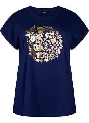Orgaanisesta puuvillasta valmistettu T-paita kultaisella painatuksella, Med.Blue Gold Flower, Packshot image number 0