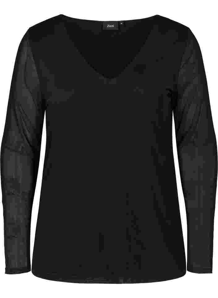 Tyköistuva pusero mesh-kankaalla ja v-pääntiellä, Black, Packshot image number 0