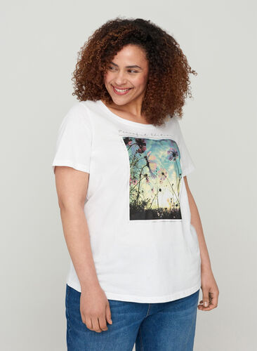 Lyhythihainen puuvillainen t-paita painatuksella, Bright White, Model image number 0