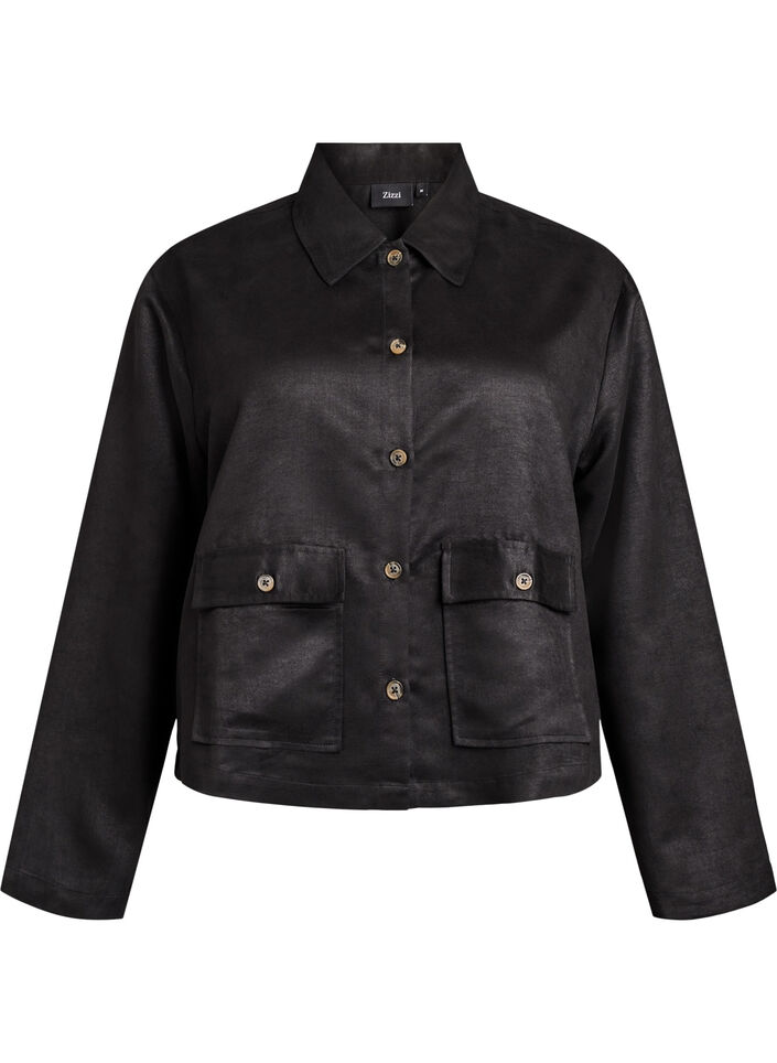 Lyhyt mokkanahkajäljitelmätakki taskuilla, Musta, Packshot image number 0