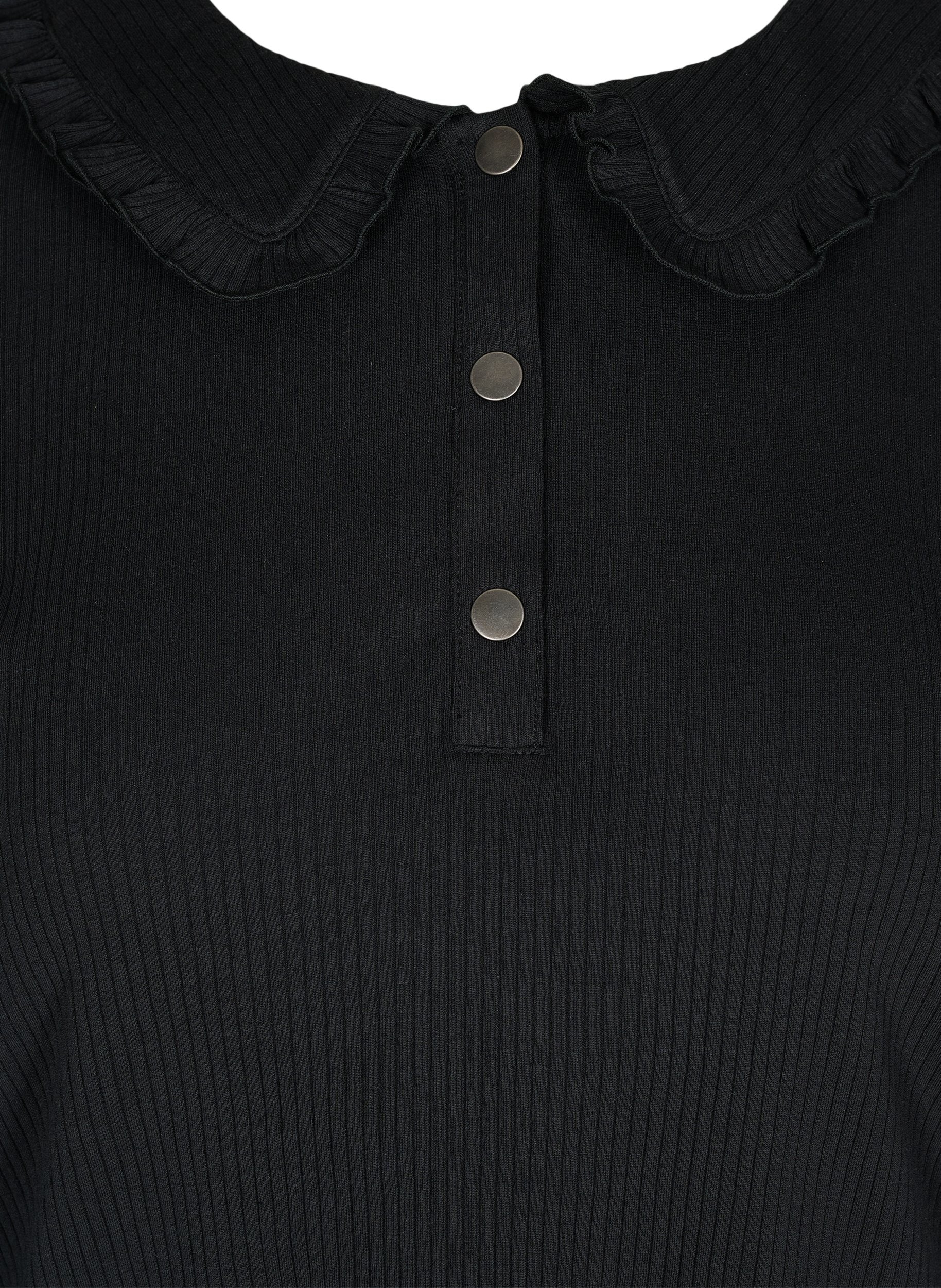 Pitkähihainen ribattu pusero röyhelökauluksella, Black, Packshot image number 2