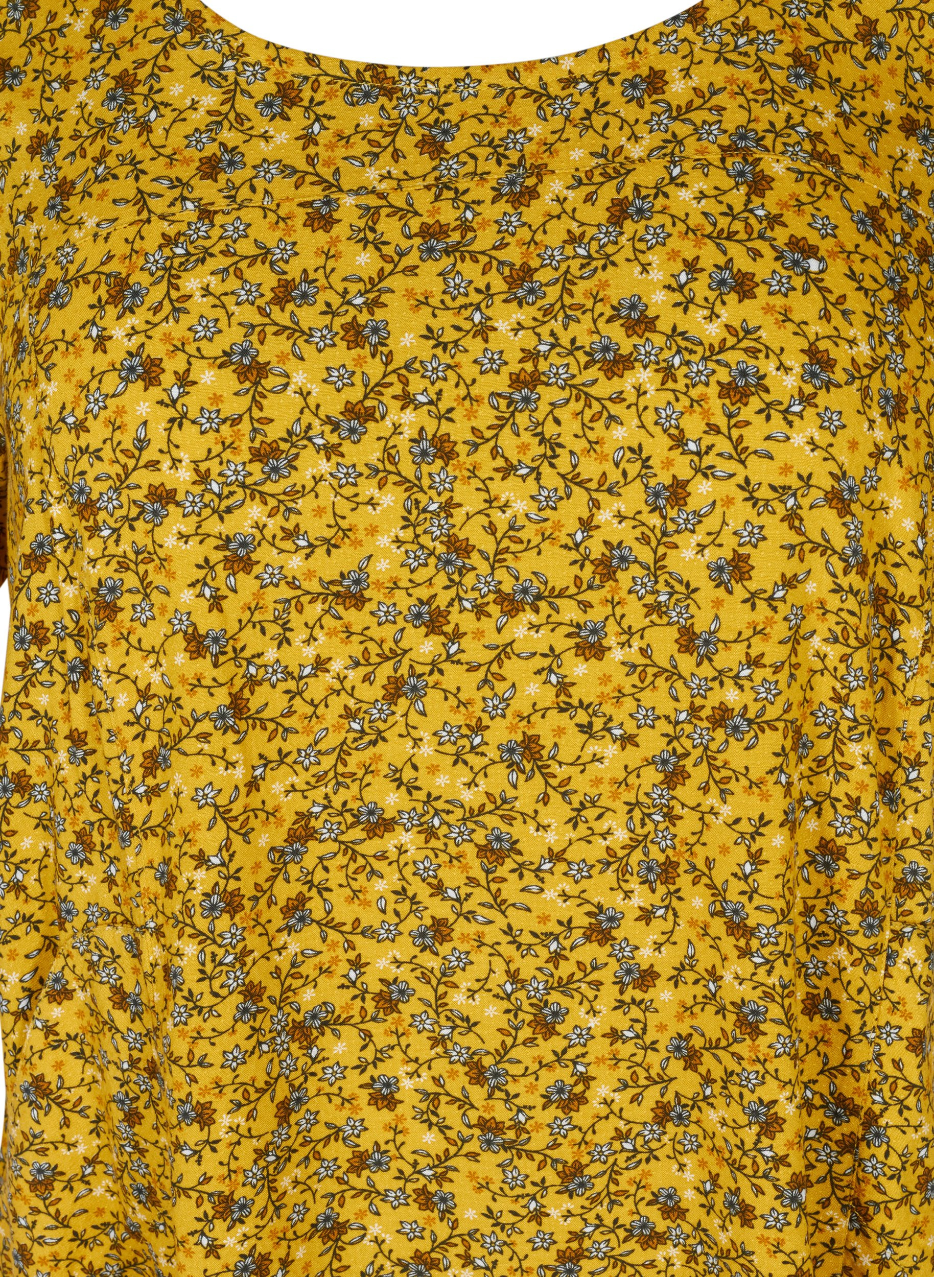 Lyhythihainen viskoosimekko kuosilla, Yellow Ditsy Flower, Packshot image number 2