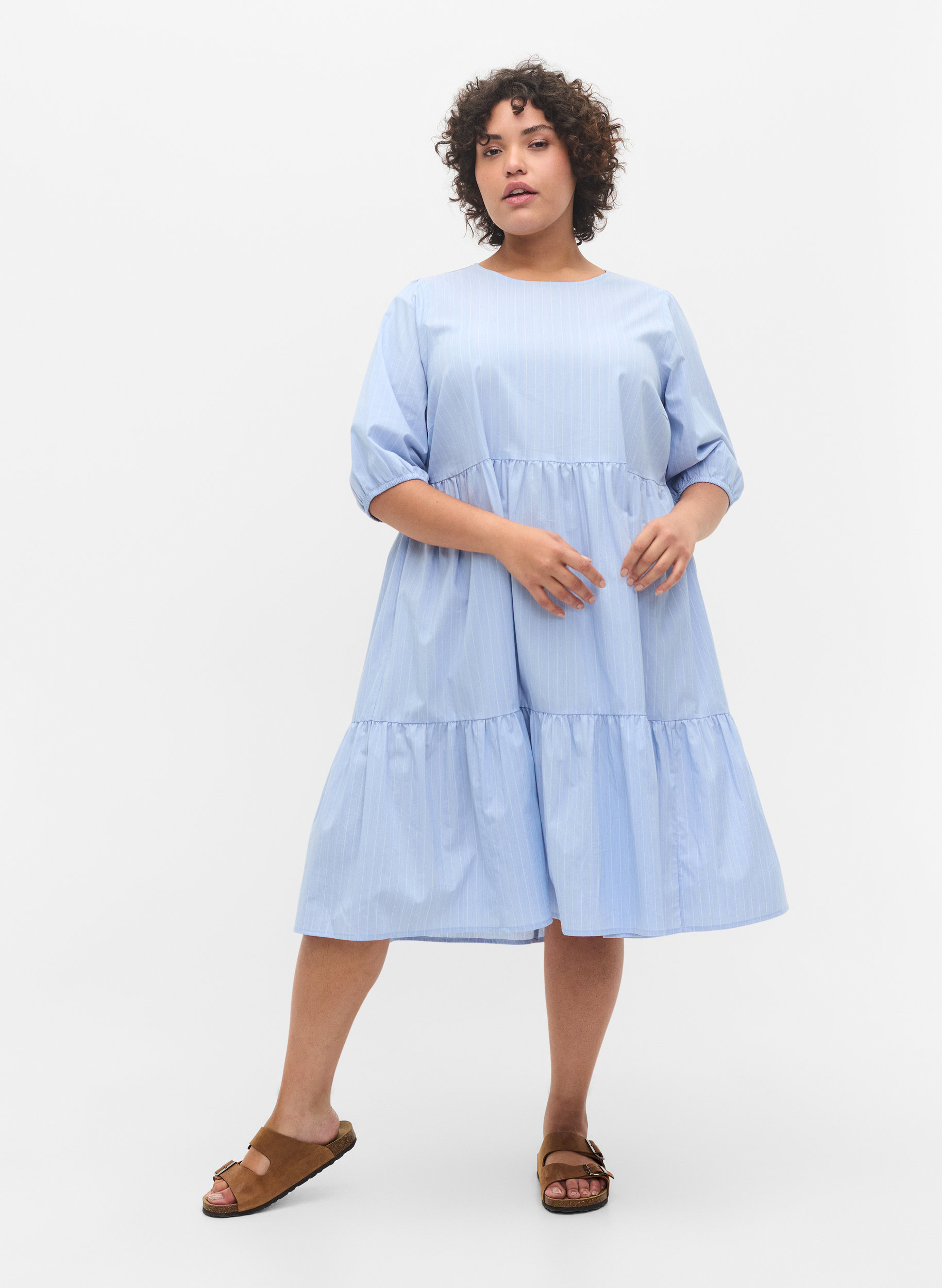 Raidallinen mekko lyhyillä puhvihihoilla, Blue As Sample, Model image number 2