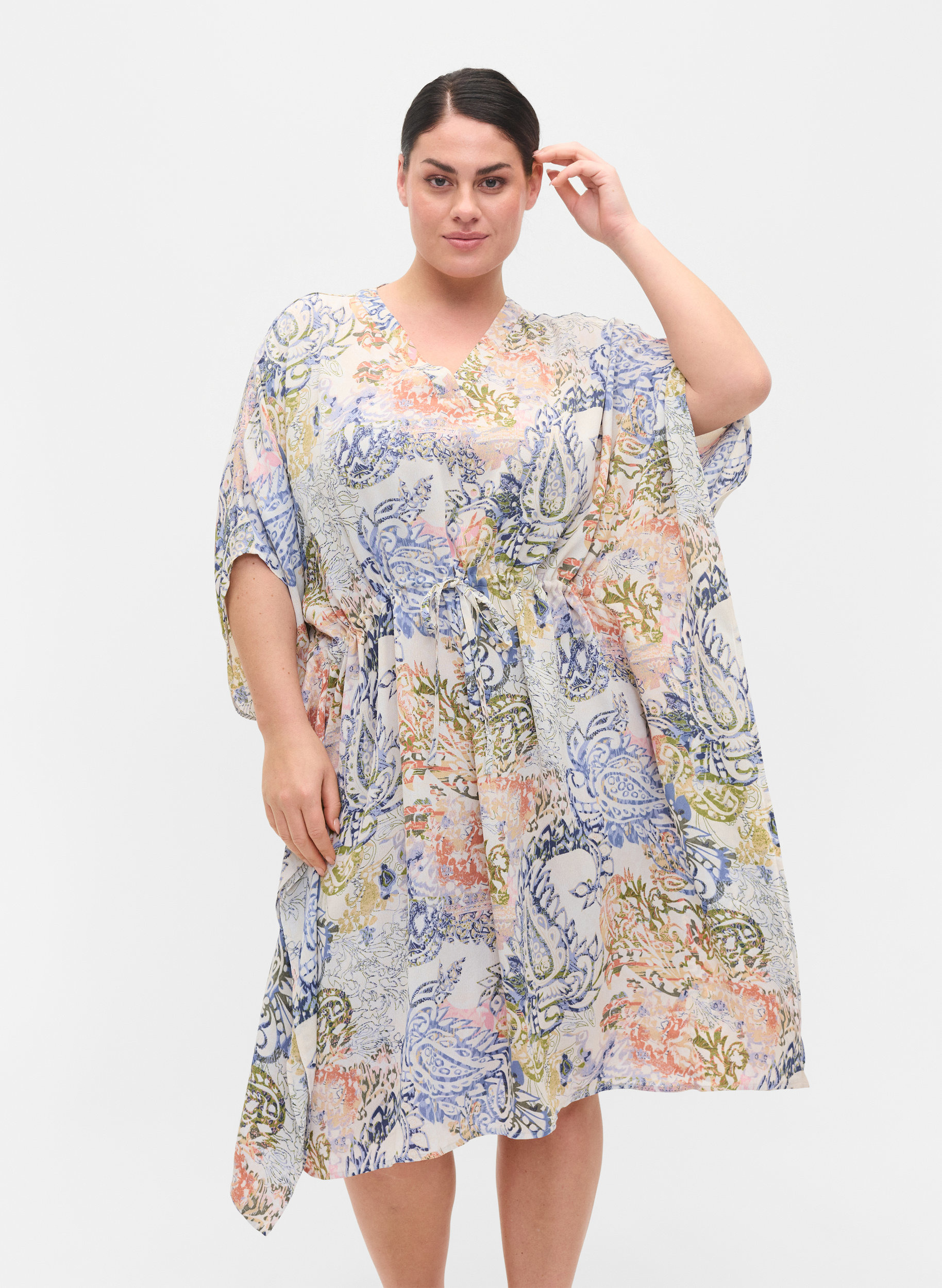 Viskoosimekko kuosilla ja nyörillä, White Paisley AOP, Model