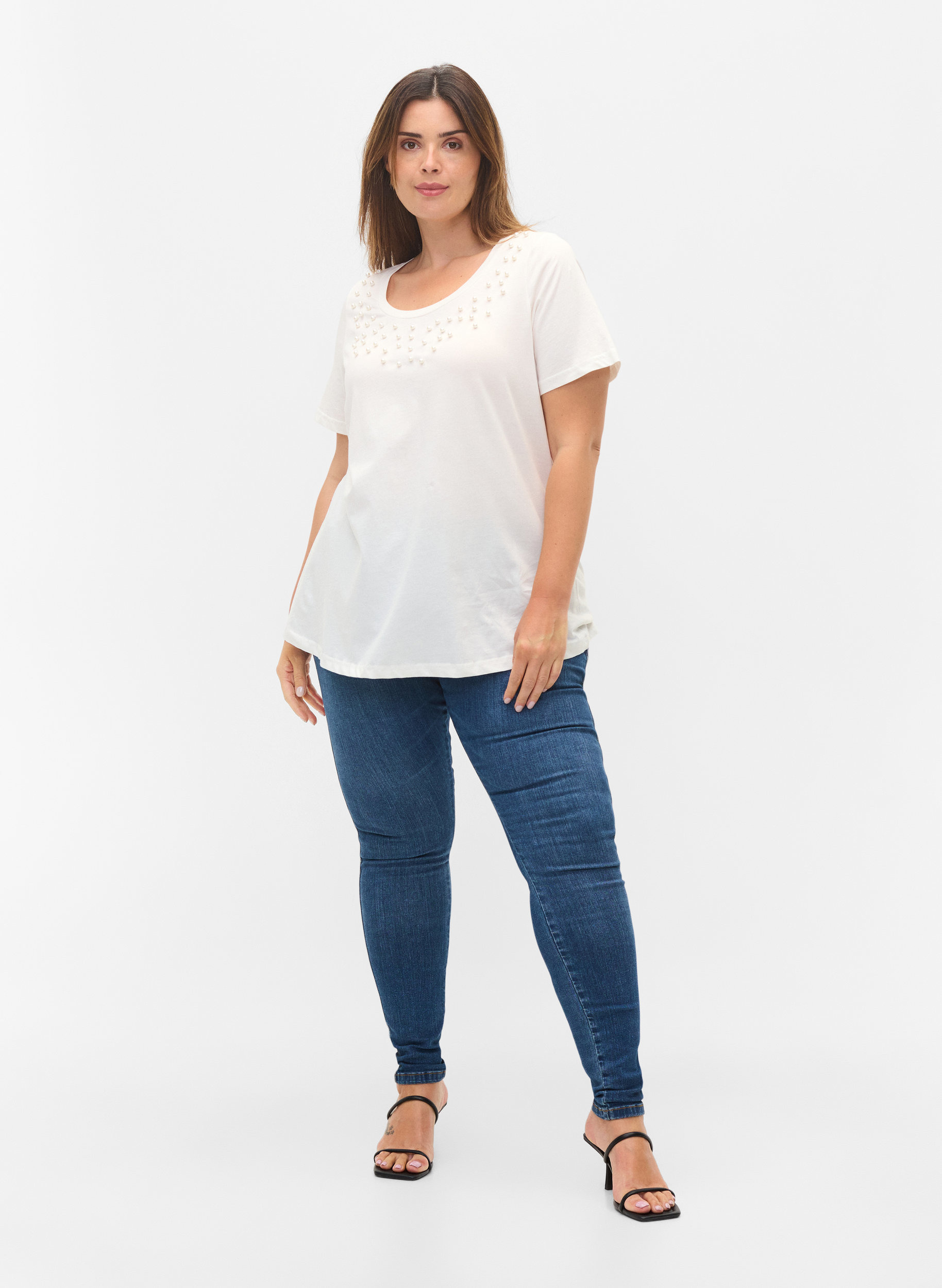 Puuvillainen t-paita helmillä, Warm Off-white, Model image number 2