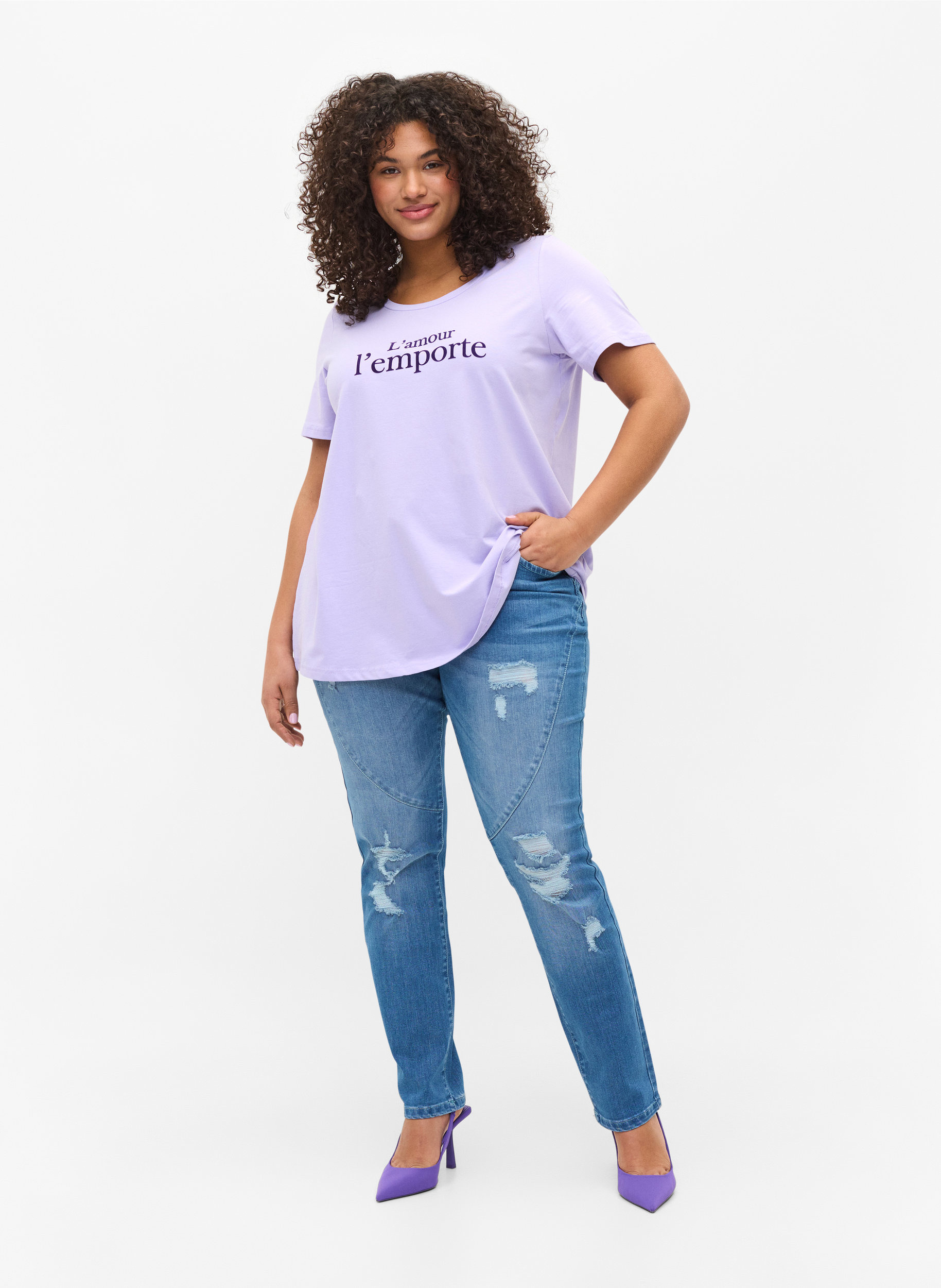 Lyhythihainen puuvillainen t-paita painatuksella,  Lavender LAMOUR, Model image number 2