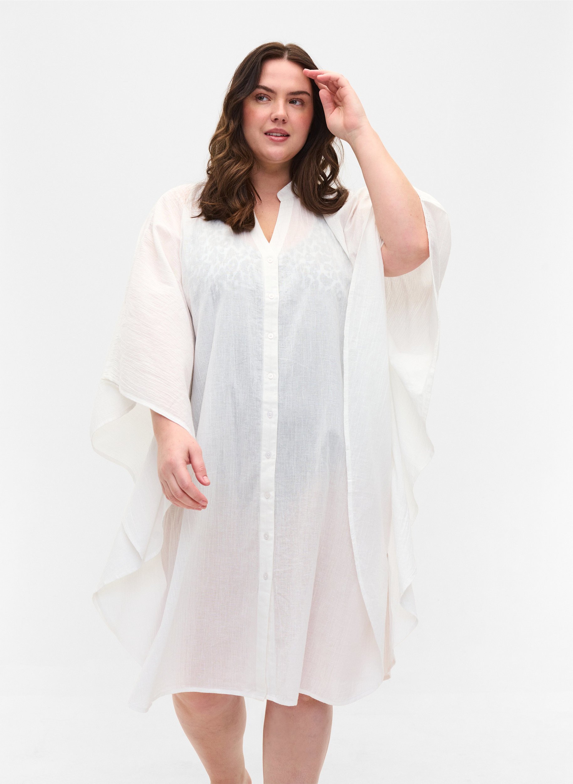Puuvillainen rantamekko nappikiinityksellä, Bright White, Model