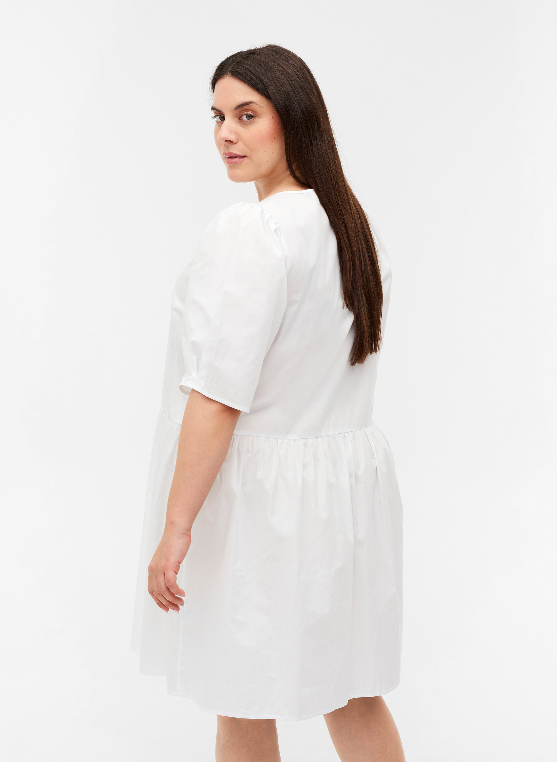 Puuvillainen paitamekko puhvihihoilla , Bright White, Model image number 1