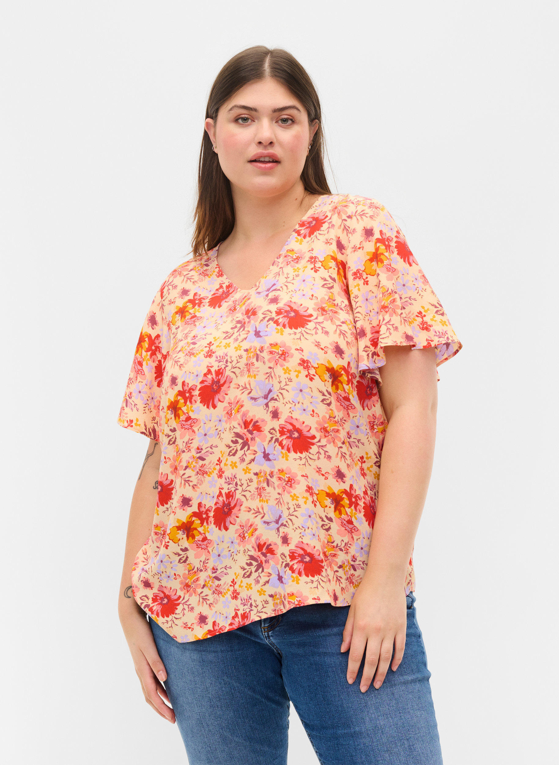 Lyhythihainen viskoosipusero kukkakuosilla, Red Orange AOP, Model