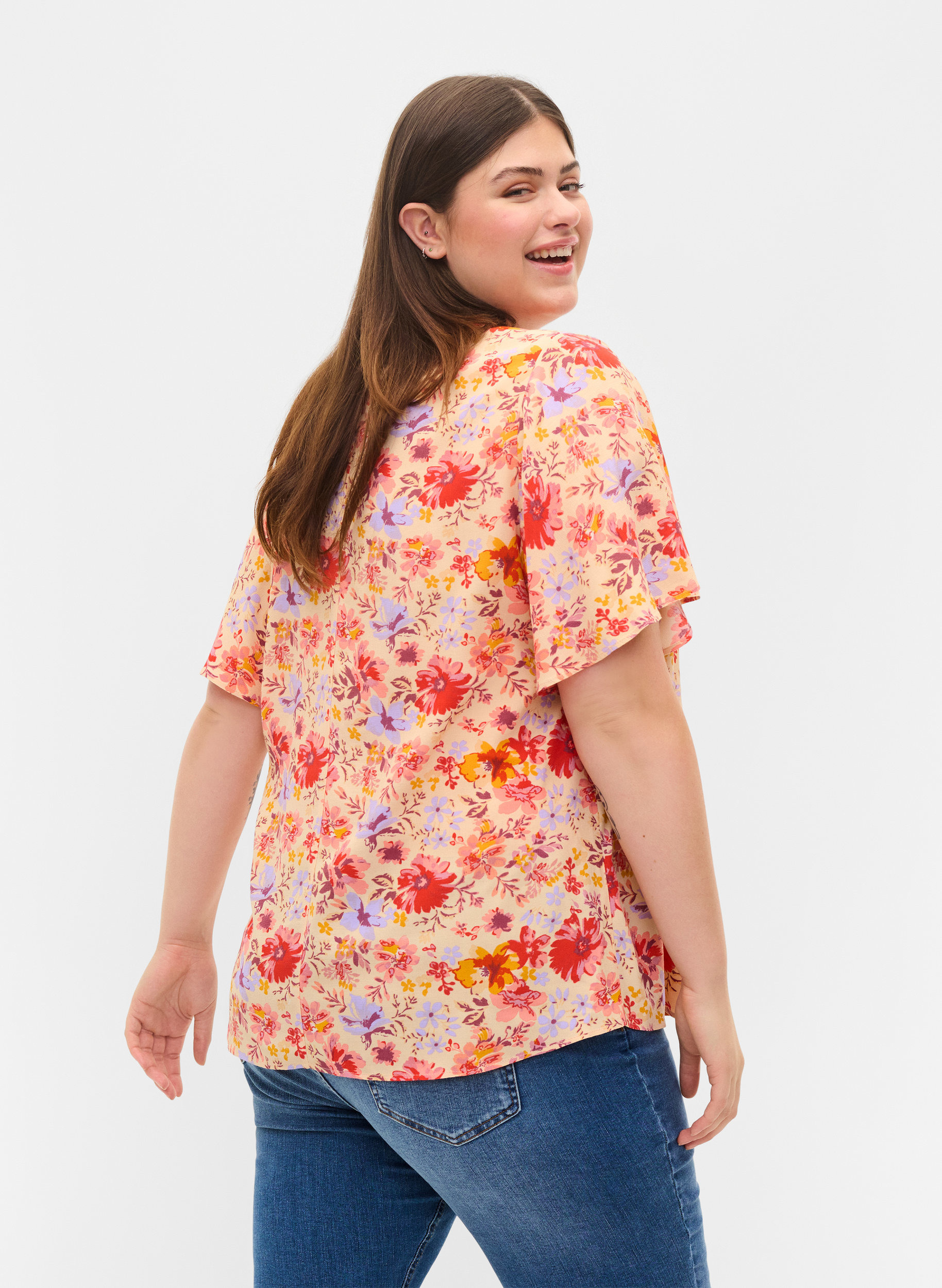 Lyhythihainen viskoosipusero kukkakuosilla, Red Orange AOP, Model