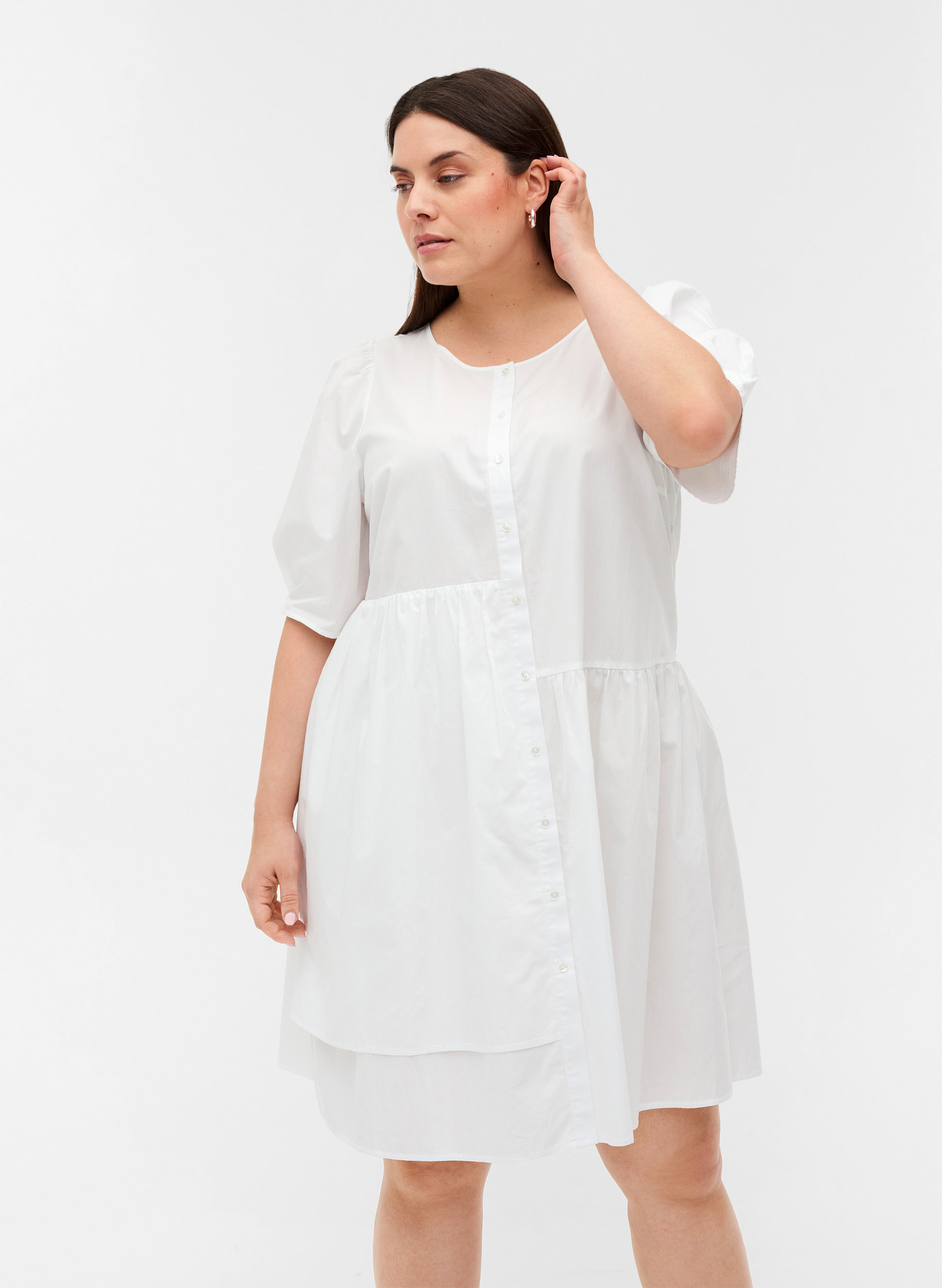Puuvillainen paitamekko puhvihihoilla , Bright White, Model