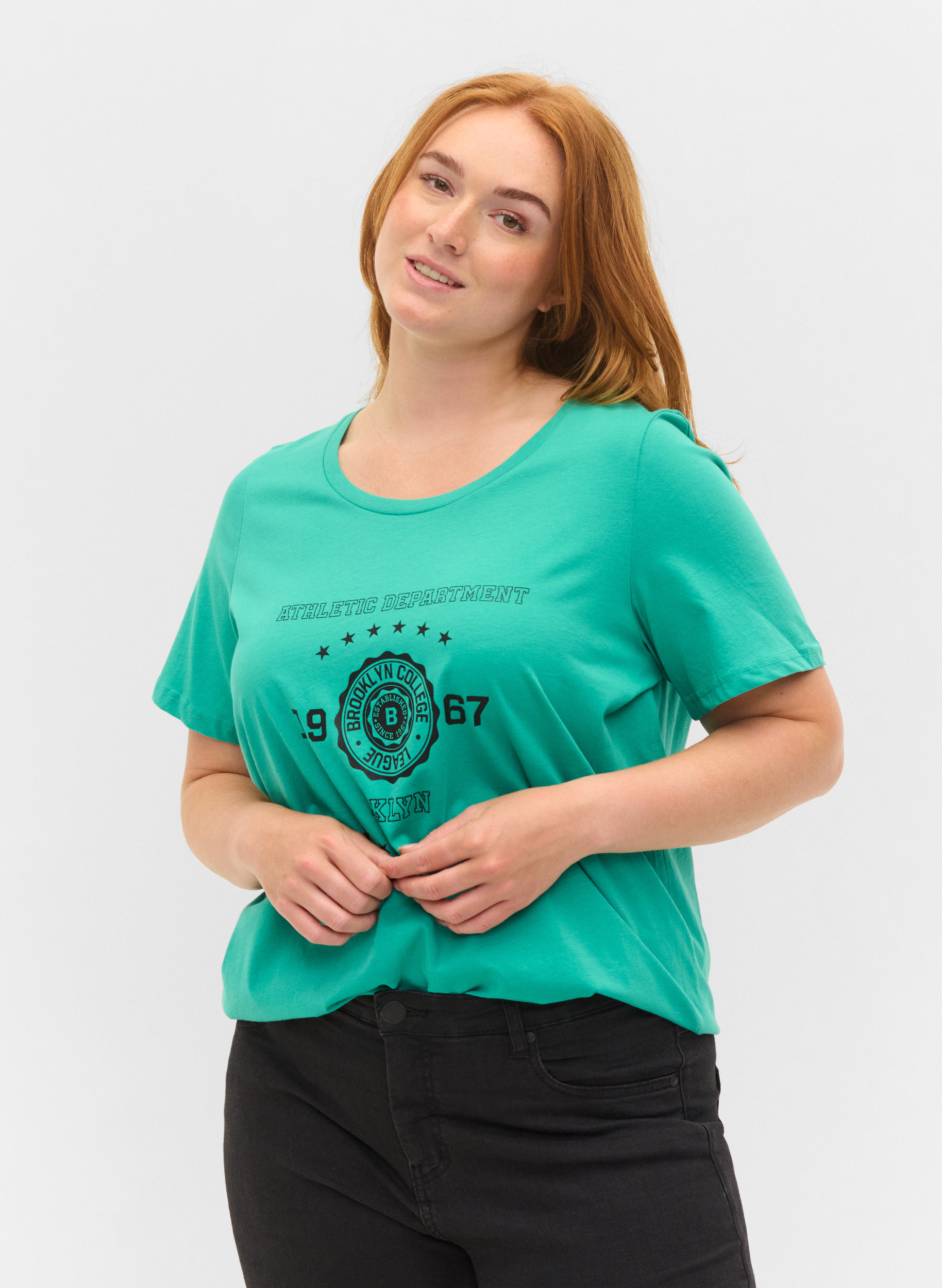 Lyhythihainen puuvillainen t-paita painatuksella, Sea Green, Model image number 0